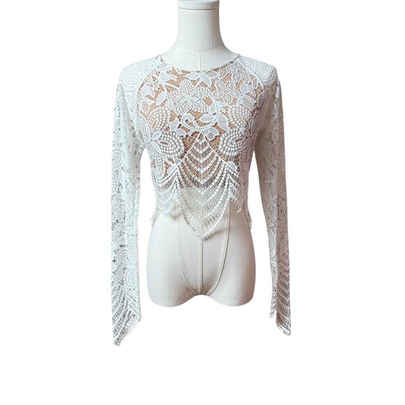 For Love & Lemons Guava Lace Crop Top Size XS Scalloped Hem Long Sleeves - Picture 9 of 14